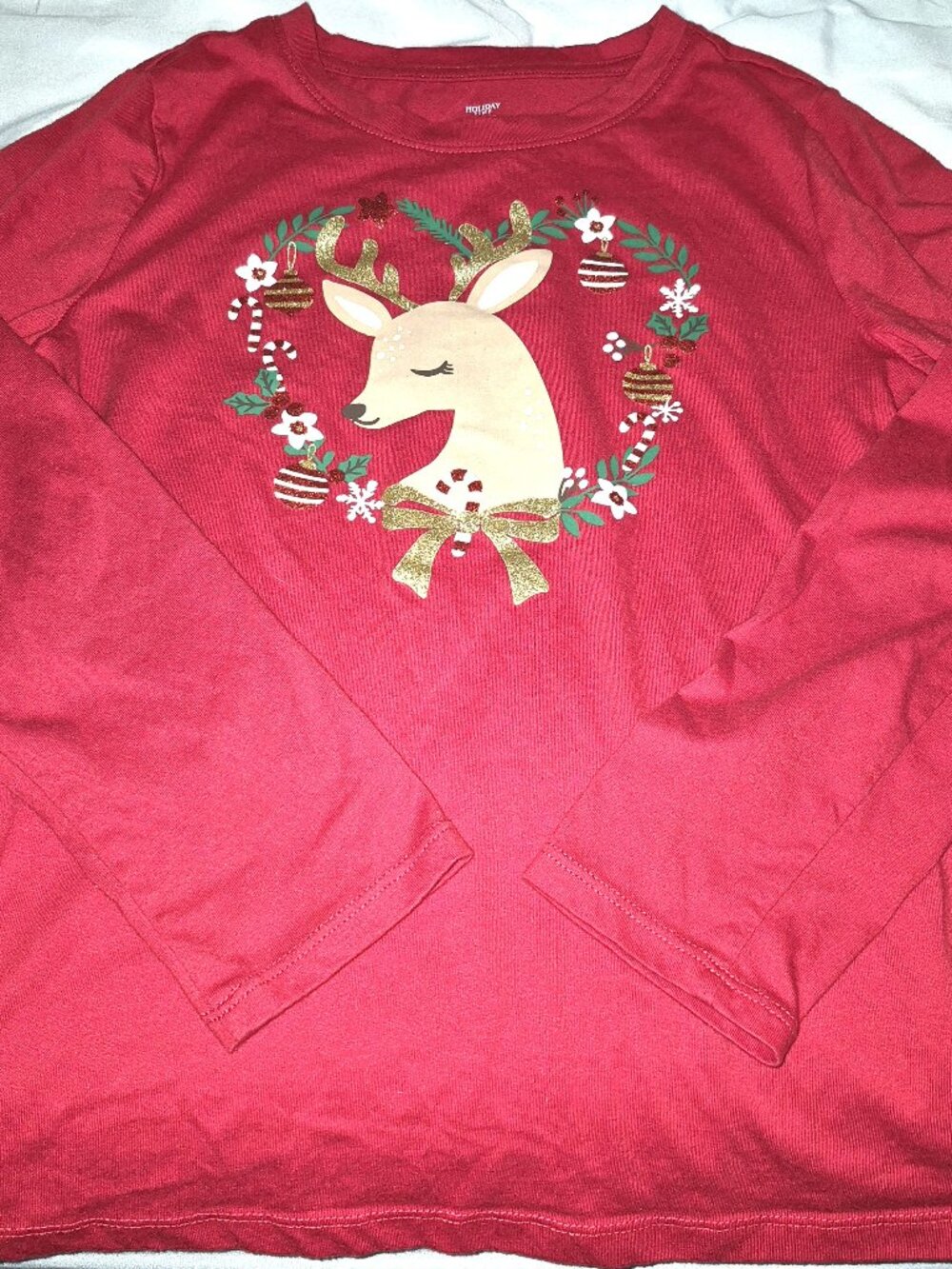 Holiday Time LS Christmas Graphic T-Shirt Reindeer Wreath Red Girl's Size L NEW